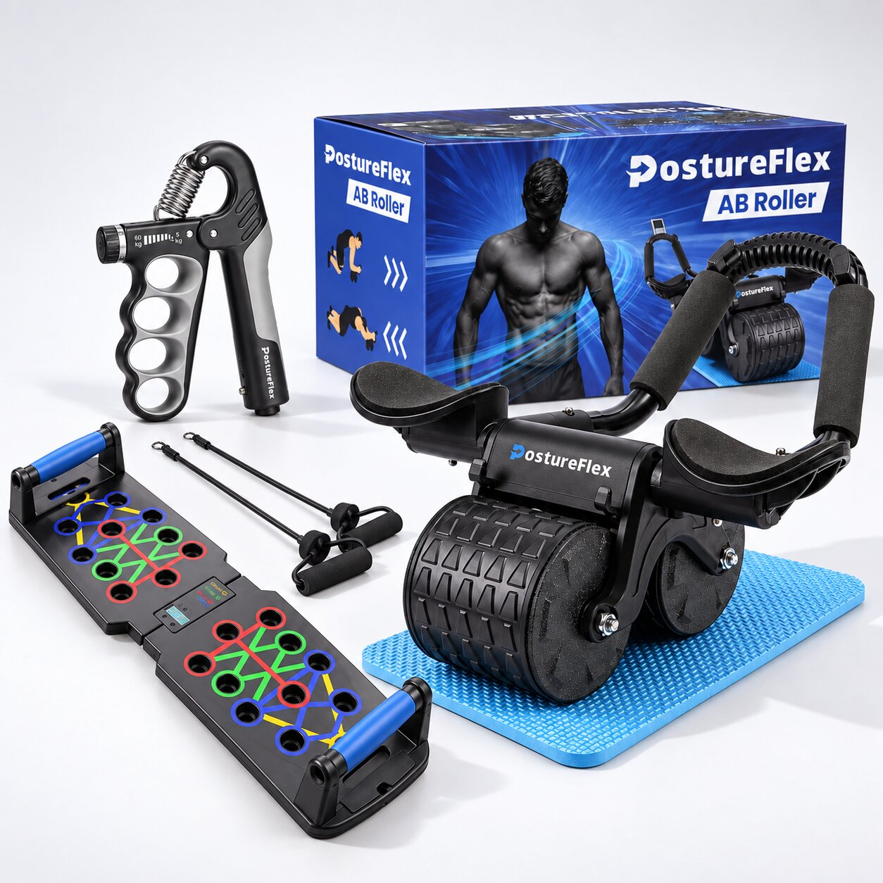 The 30 Day Fitness Challenge bundle showing the PostureFlex™ Ab Roller, PostureFlex™ Push Up Board, PostureFlex™ Smart Counting Hand Grip Strengthener, knee mat, resistance bands, and exercise e-book